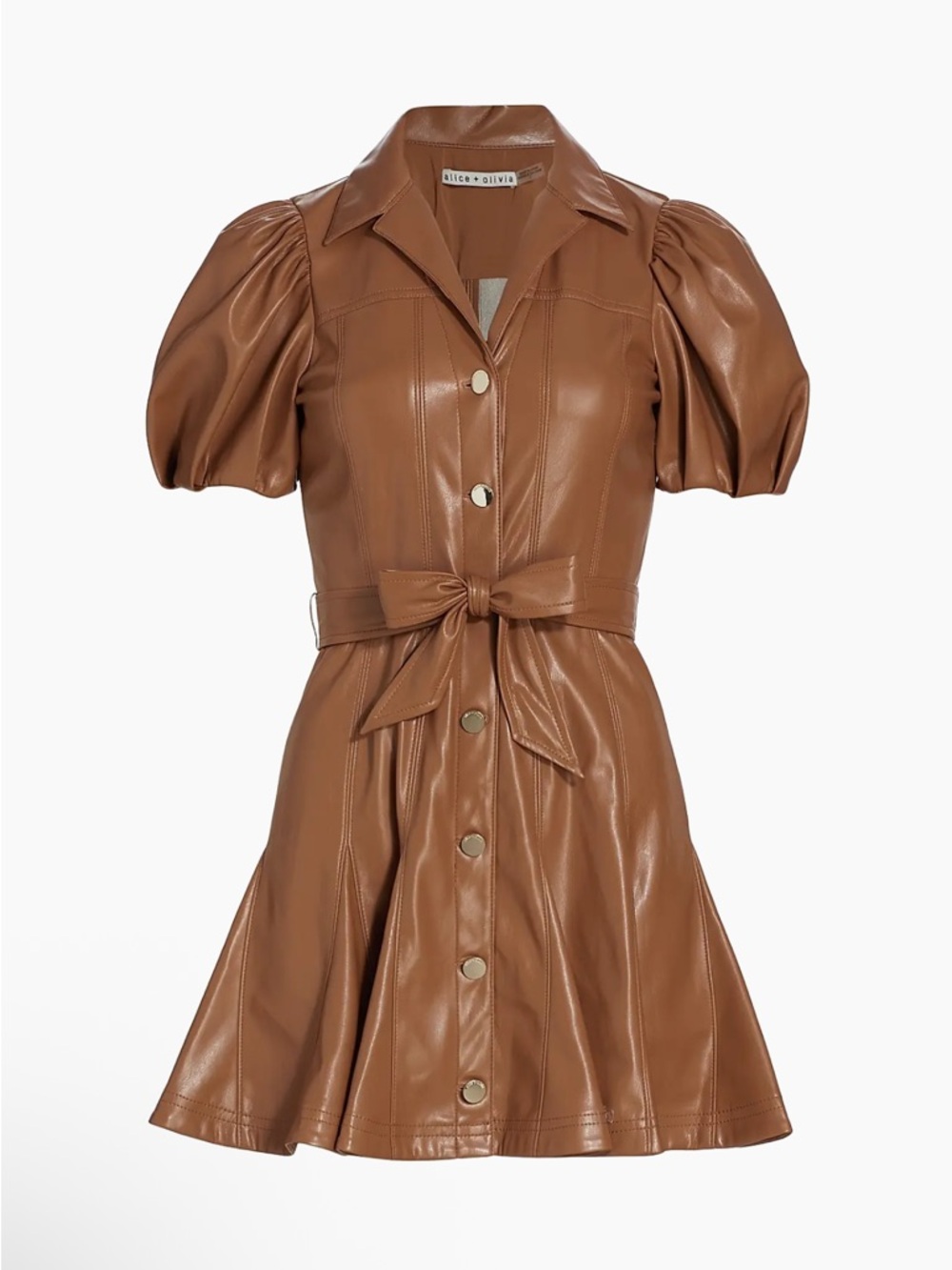 Alice + Olivia Ofra Vegan Leather Puff Sleeve Belted Mini Dress Brown MWOT